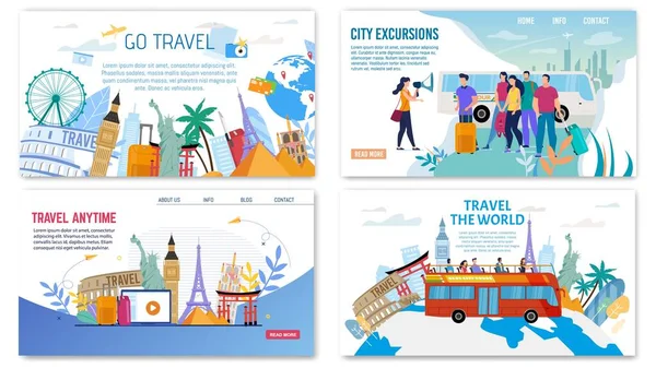 Webpage Set Offering City Excursion, World Trip — 스톡 벡터