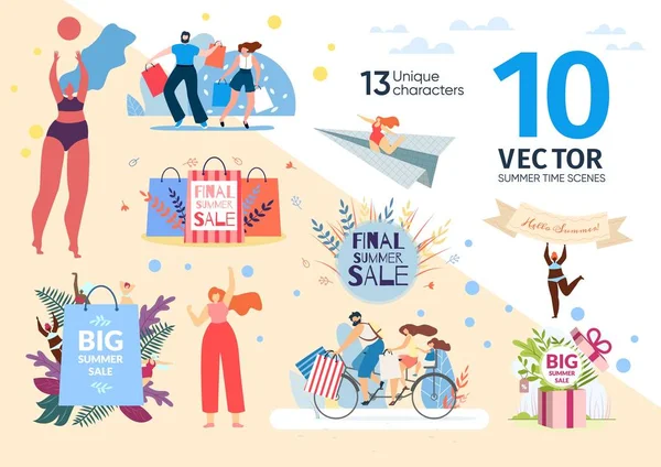 Winkelen op Summer Sales Scenes Flat Vectors Set — Stockvector