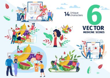 Healthy Nutrition and Dieting Vector Scenes Set