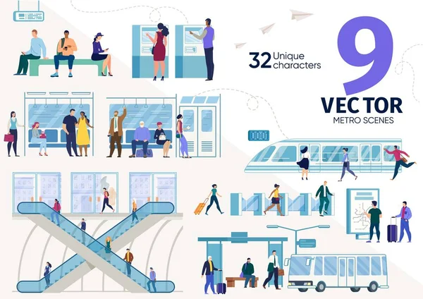 Ciudad metro pasajeros plano vectores escenas conjunto — Vector de stock