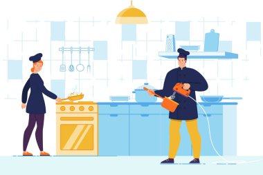 Man and Woman Chef Character with Tool on Kitchen