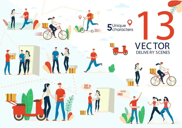 Servicios de entrega Actividades de los trabajadores Escenas vectoriales — Vector de stock