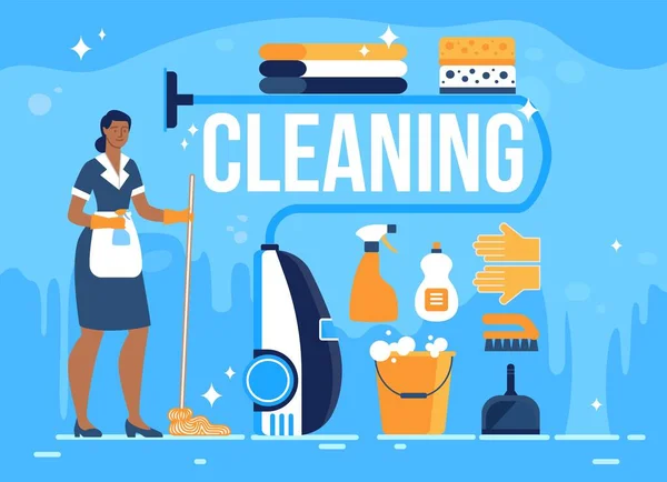 Service de nettoyage de chambre d'hôtel Bannière vectorielle plate — Image vectorielle