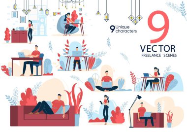 Freelancers Work, Leisure Scenes Flat Vectors Set