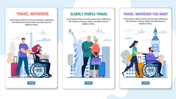 Viaje para discapacitados, Conjunto de páginas móviles para personas mayores — Vector de stock