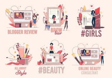 Kadın Güzelliği, Moda Bloğu Düz Vektör Sancakları Ayarlandı