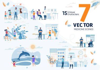 Modern Sağlık Hizmetleri Düz Vektör Sahneleri Ayarlandı