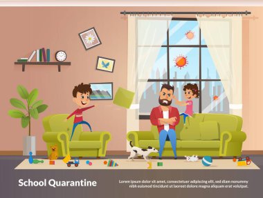 Baba Çocuklarla Oturuyor Evde Okul Karantinası
