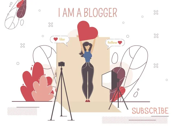 Blogger wanita, Konsep Vlogger Flat Vector Channel - Stok Vektor
