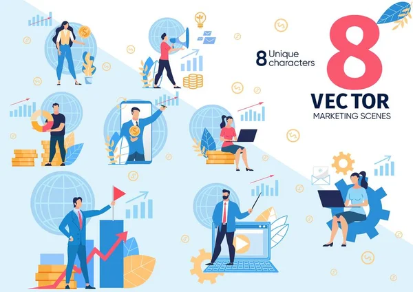 Juego de conceptos de vectores planos de marketing digital empresarial — Vector de stock