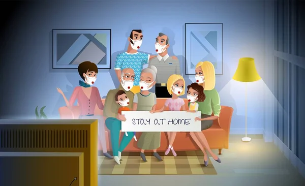 Quarantined Family Stay at Home During Pandemic — Stock Vector