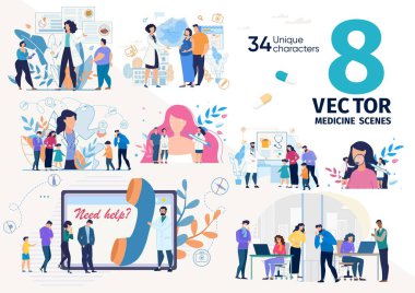 Hasta Kişiler için Tıbbi Yardım Düz Vektör Sahnesi Ayarlandı