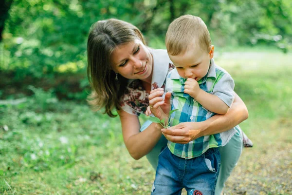 Niedlichen Kleinen Jungen Lernen Park Gehen Glückliche Mutter Schaut Ihrem — Stockfoto