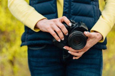 Hor çiçeği bush ayakta eller profesyonel fotoğraf kızla. Park kadın fotoğrafçı yakın çekim.