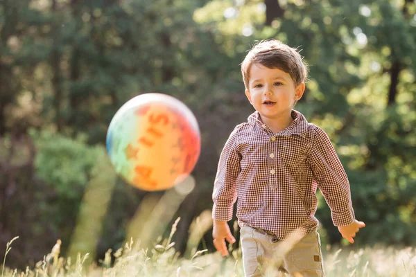 Petit Garçon Joyeux Jouant Avec Balle Dans Parc Été — Photo