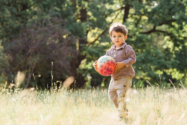 Petit Garçon Joyeux Jouant Avec Balle Dans Parc Été — Photo