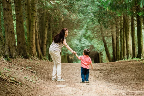 Rückansicht Der Mutter Die Mit Ihrem Süßen Sohn Sommerpark Spazieren — Stockfoto