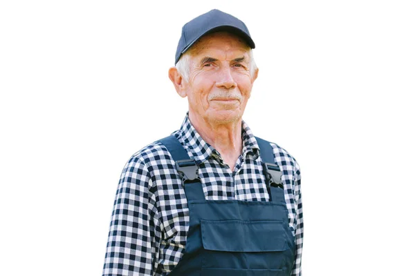 Senior Professional Worker Overall Cap Aged Farmer Old Craftsman Isolated — Stock Photo, Image