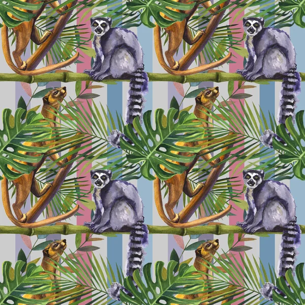 Watercolor tropical wildlife seamless pattern. Hand Drawn jungle nature, lemur, hibiscus flowers illustration