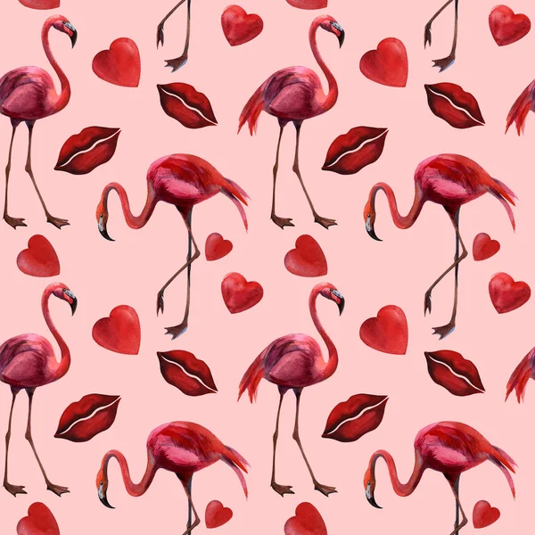 Watercolor flamingo, red heart and lips background, wedding romance pattern