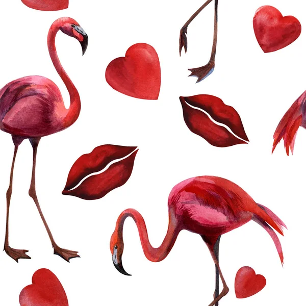 Watercolor flamingo, red heart and lips background, wedding romance pattern