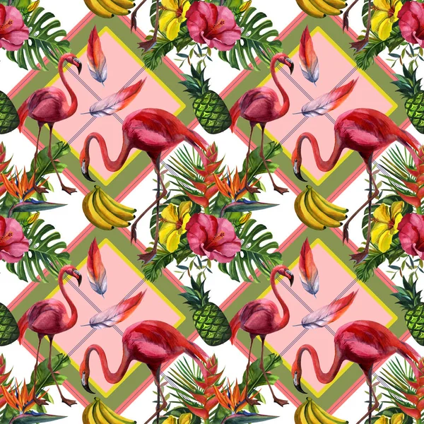 Watercolor tropical wildlife, flamingo bird, seamless pattern. Hand Drawn jungle nature, flowers illustration. Print for textile, cloth, wallpaper, scrapbooking