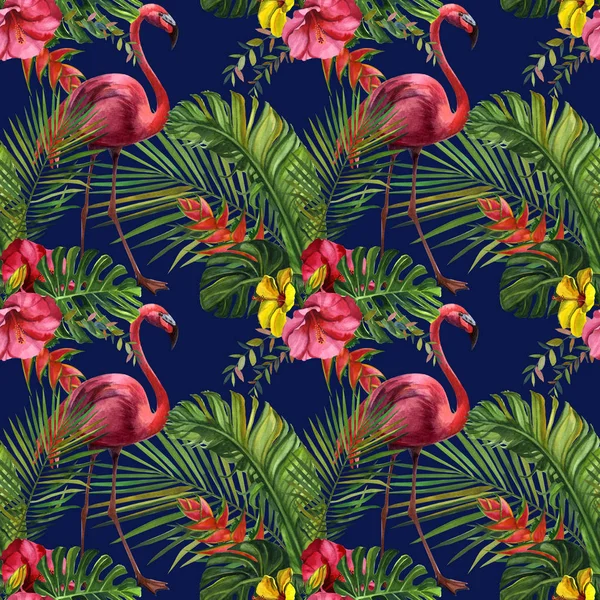 Watercolor tropical wildlife, flamingo bird, seamless pattern. Hand Drawn jungle nature, flowers illustration. Print for textile, cloth, wallpaper, scrapbooking