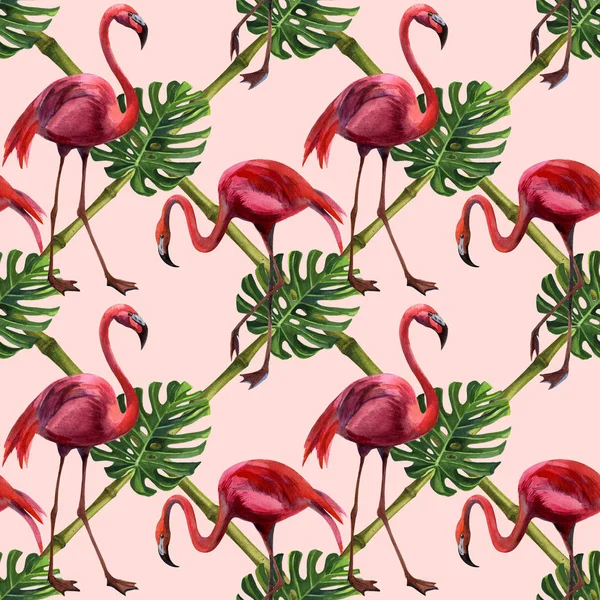 Watercolor tropical wildlife, flamingo bird, seamless pattern. Hand Drawn jungle nature, flowers illustration. Print for textile, cloth, wallpaper, scrapbooking