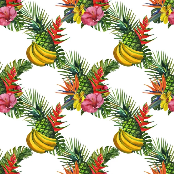 Watercolour pattern with tropical palm leaves, bananas, pineapples, and flowers. Seamless pattern, summer background