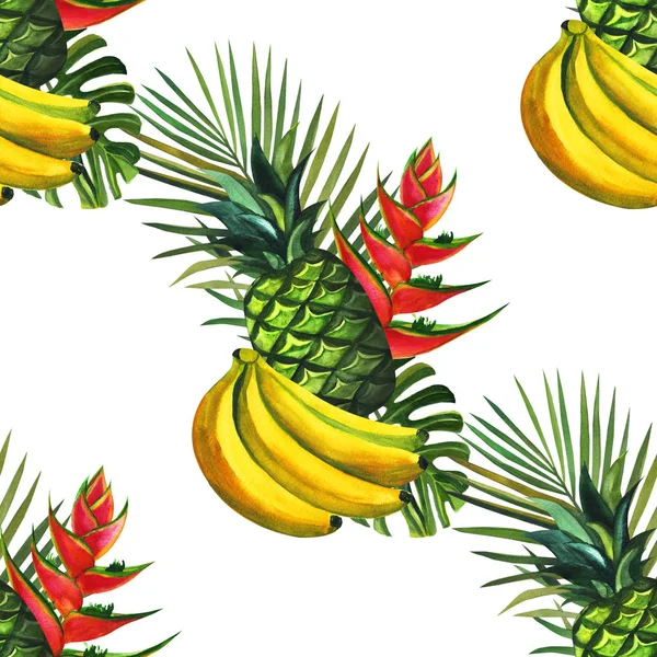 Watercolour pattern with tropical palm leaves, bananas, pineapples, and flowers. Seamless pattern, summer background