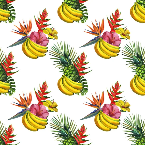 Watercolour pattern with tropical palm leaves, bananas, pineapples, and flowers. Seamless pattern, summer background