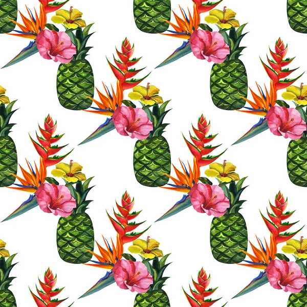 Watercolour pattern with tropical palm leaves, pineapples, and flowers. Seamless pattern, summer background