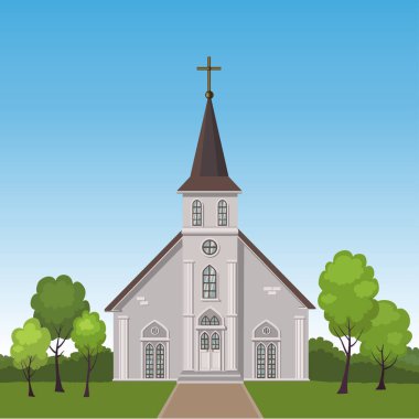 Ağaçları ile çevrili bir çim üzerinde Kilise duran