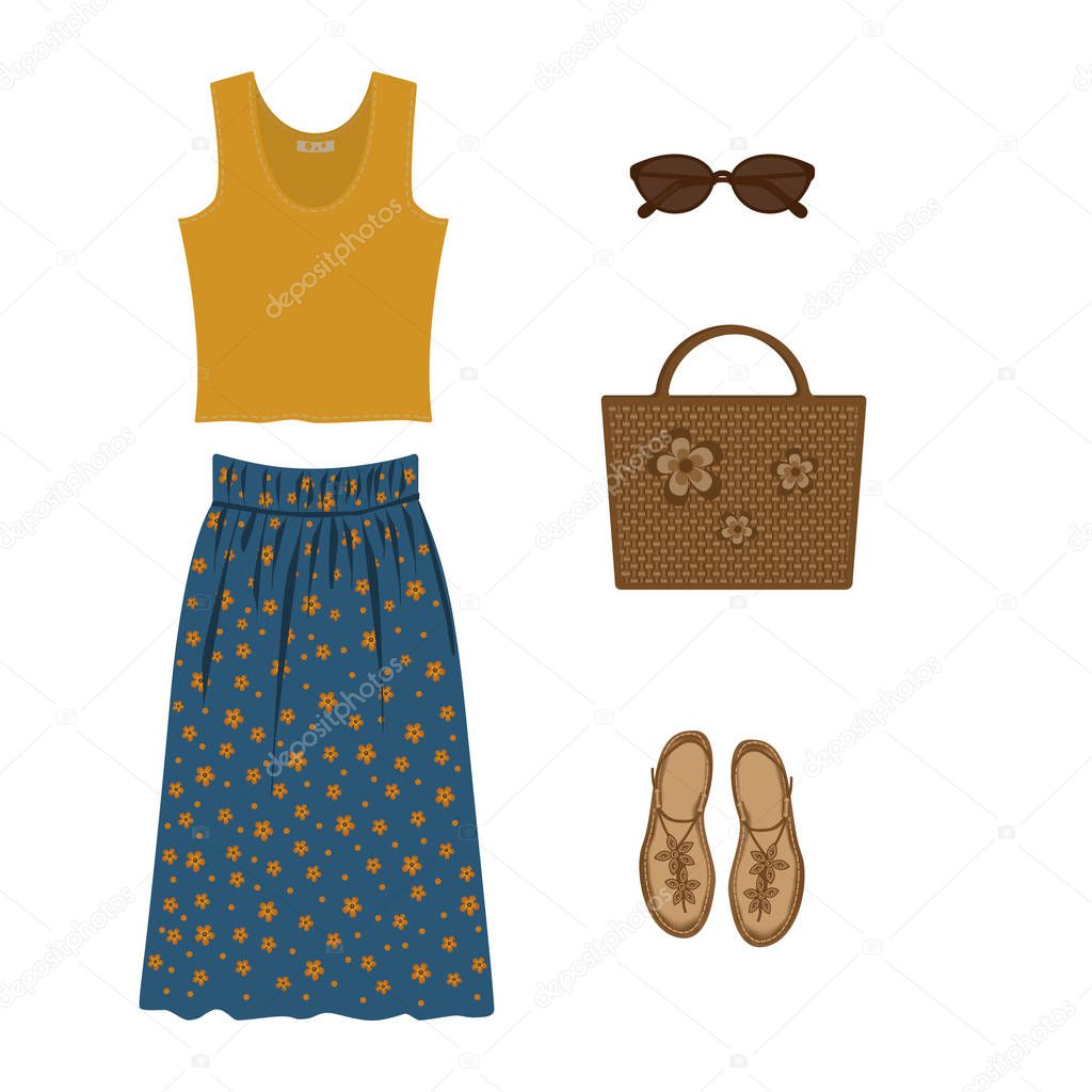 Set of yellow elegant T-shirt for women, summer skirt, wicker bag, sunglasses and sandals