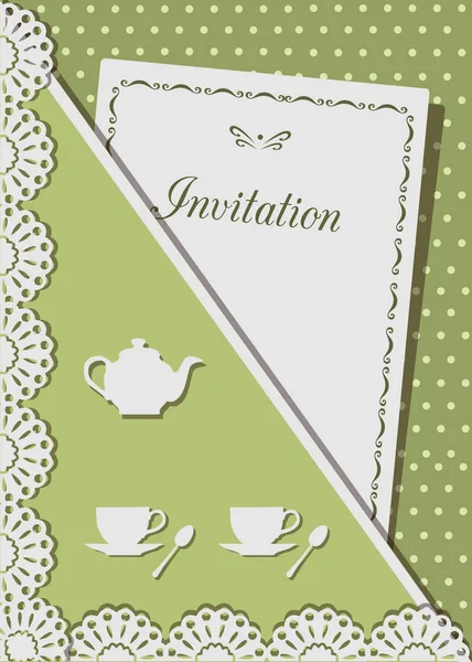 Invitation card for tea, decorated with lace,on background of polka dots — Stock Vector