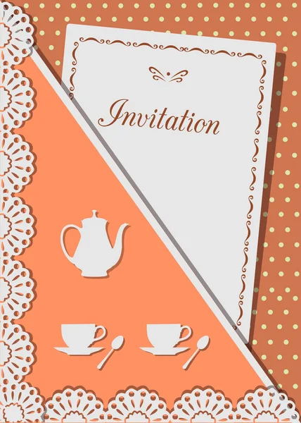 Card de invitație pentru cafea, decorat cu dantelă, pe fundalul punctelor polka — Vector de stoc