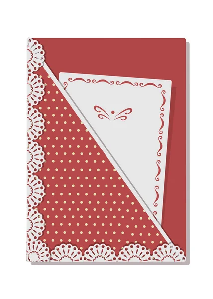 Greeting card, decorated with lace and stitch, on background of polka dots. — Stock Vector