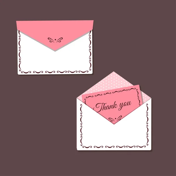 Carte de remerciement et enveloppe ouverte et fermée, motif décoré et pois — Image vectorielle