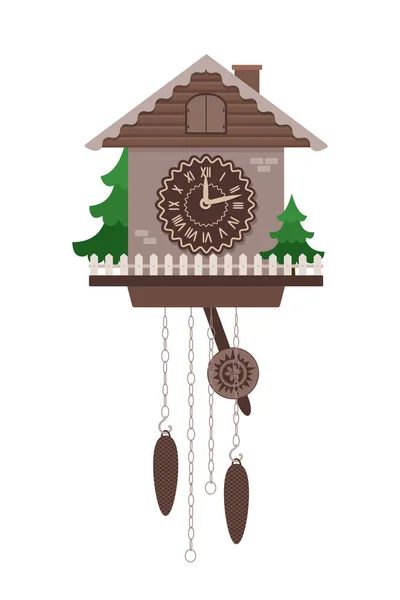 Reloj de cuco en estilo de dibujos animados aislado sobre fondo blanco — Vector de stock