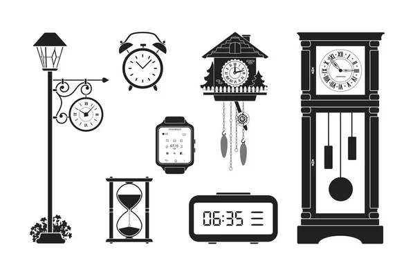 Relógio. Conjunto de silhuetas de relógios sobre fundo branco — Vetor de Stock