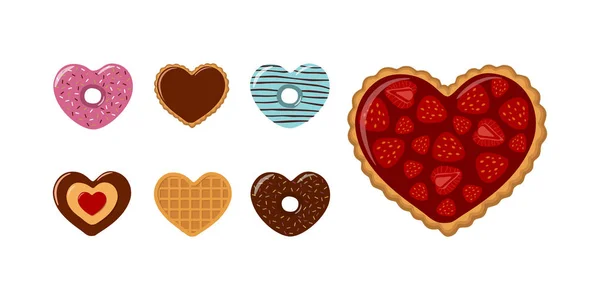 Día de San Valentín. Set de galletas en forma de corazón, rosquillas y gofres con fresas y chocolate — Vector de stock