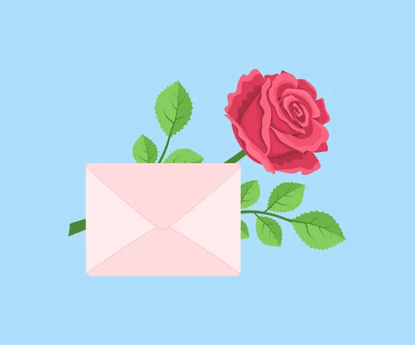 Saint Valentin. Enveloppe fermée avec rose sur fond bleu — Image vectorielle