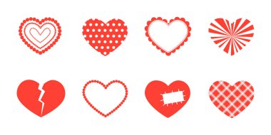 Sevgililer Günü. Beyaz arkaplanda farklı kalpler kümesi