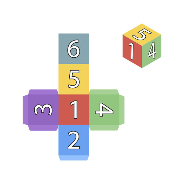 Gamecube for printing. Multicolor template of cube with numbers. Vector illustration