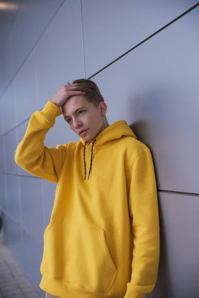 Serious Young Guy Yellow Hoodie Cute Stylish Fashion Man Bright — Stock Photo, Image
