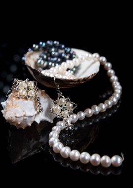 Koyu bir zemin üzerinde mücevher ve bijouterie kompozisyonu. Güzel şarap kadehleri ve deniz kabukları.