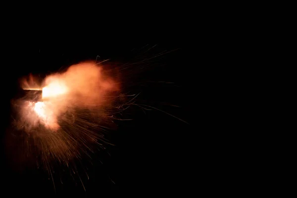 Shot Firearm Black Background Fiery Exhaust Flying Sparks Flames Bursting — Stock Photo, Image