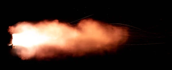 Shot Firearm Black Background Fiery Exhaust Flying Sparks Flames Bursting — Stock Photo, Image