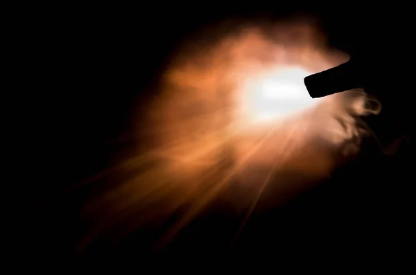 Shot Firearm Black Background Fiery Exhaust Flying Sparks Flames Bursting — Stock Photo, Image