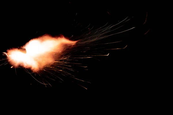 Shot Firearm Black Background Fiery Exhaust Flying Sparks Flames Bursting — Stock Photo, Image